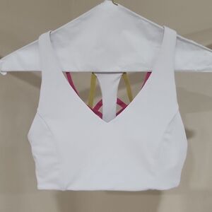 Fabletics White Muscle Tee with Pink and Yellow Straps